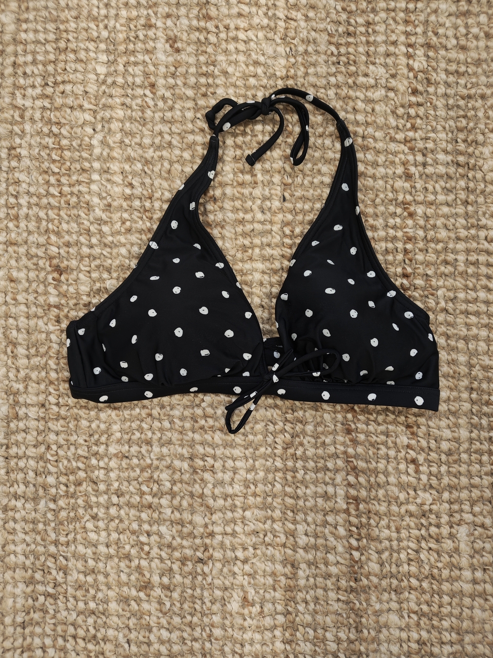 Black Polka Dot Halter Bikini Top with Tie Front